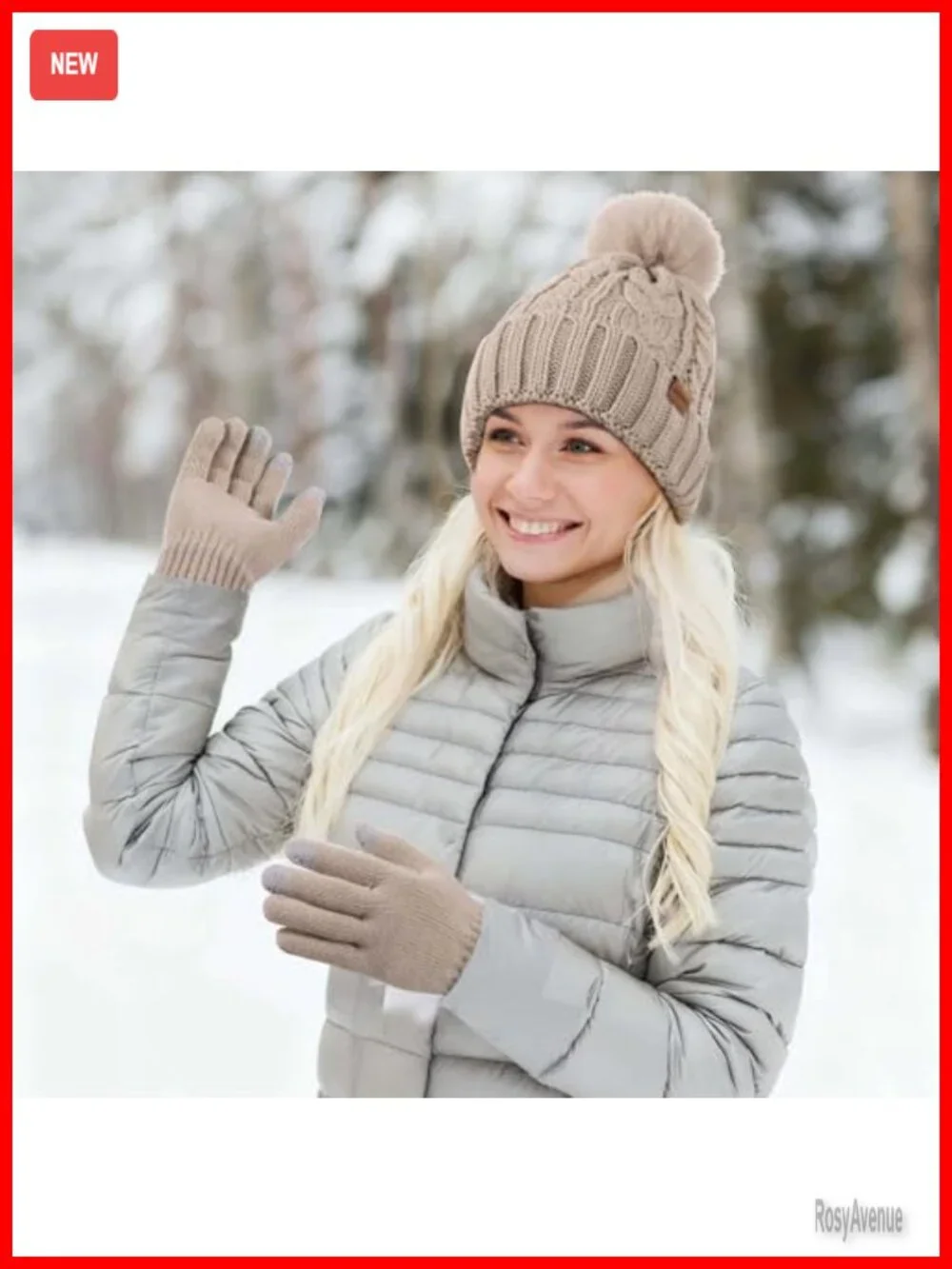 Winter Beanie Hat Gloves Set, Pom Pom Fleece Lined Hat Knit Touchscreen Gloves